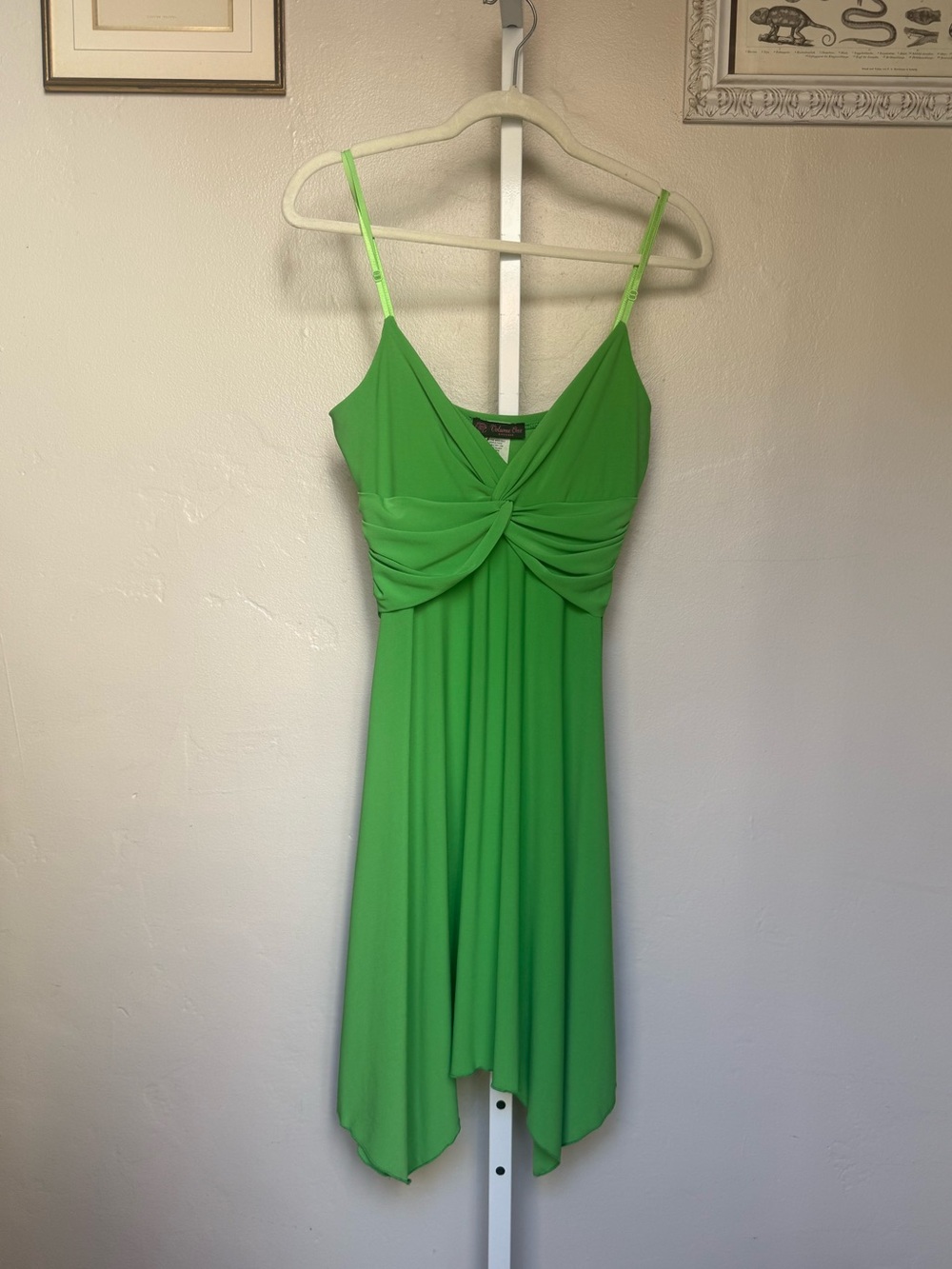 Vintage Deadstock Y2K Lime Green Twist-Front Dress with Handkerchief Hem Medium